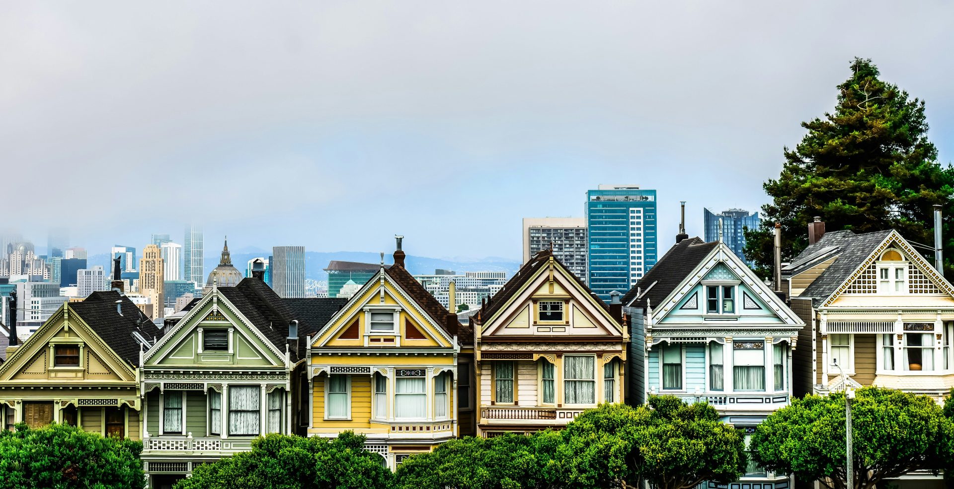 Painted ladies in san francisco with city skyline